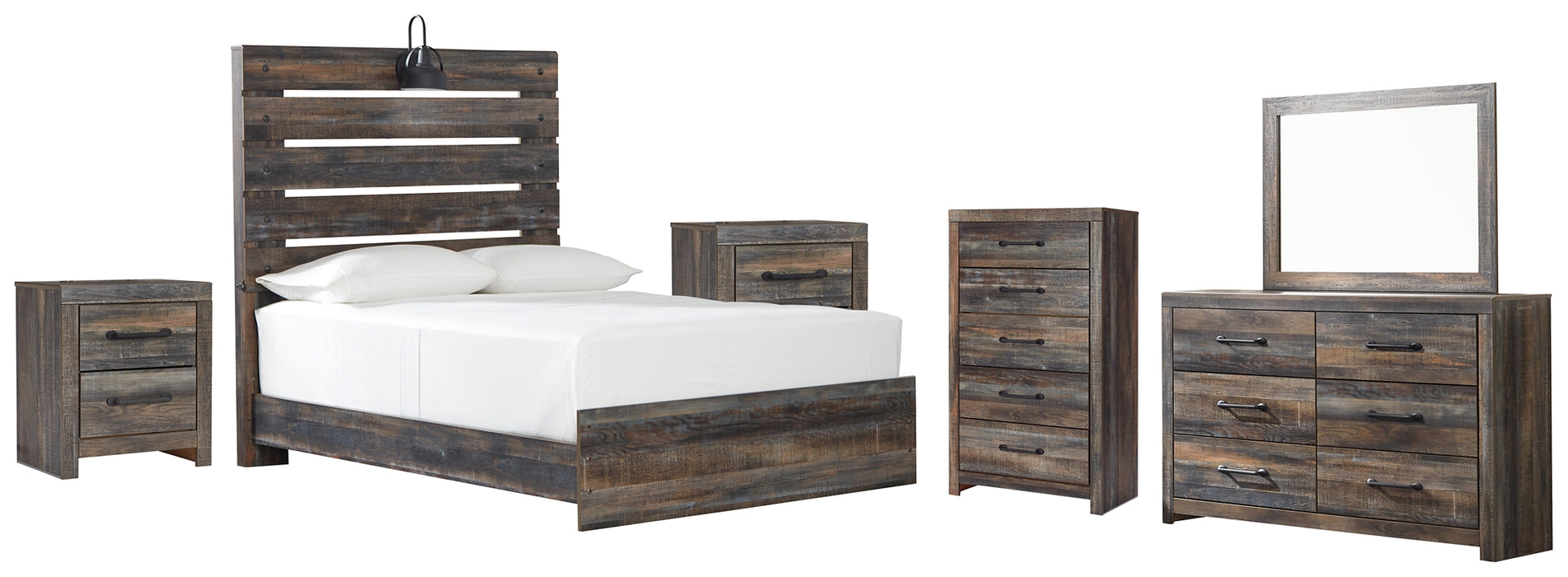 Drystan Panel Bed With Mirrored Dresser, Chest And 2 Nightstands