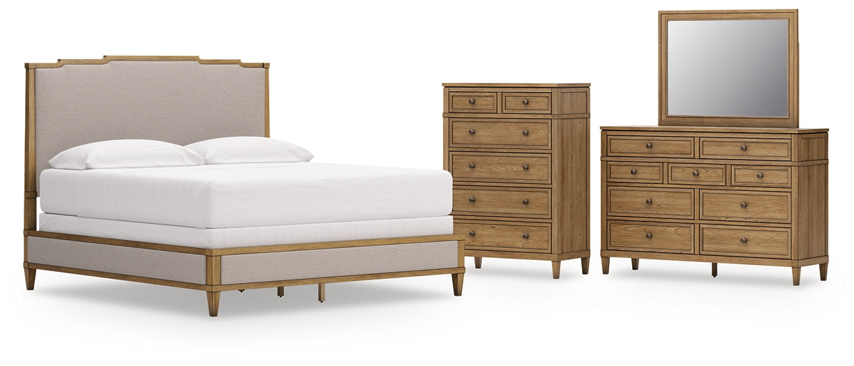 Sharlance King Upholstered Panel Bed with Mirrored Dresser and Chest