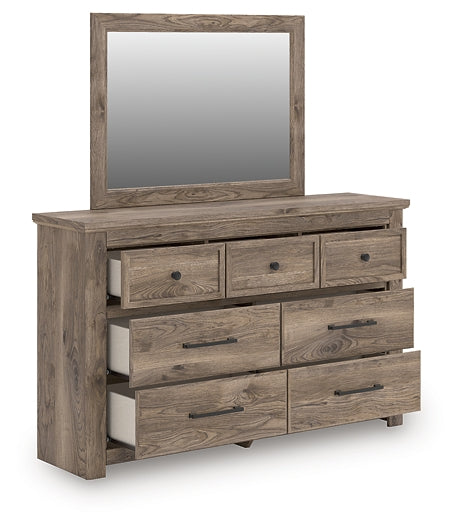 Rusticott Queen Poster Bed with Mirrored Dresser and Nightstand