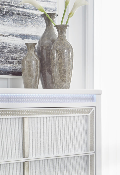 Chalanna California King Upholstered Storage Bed, Dresser, Mirror, Chest and Nightstand