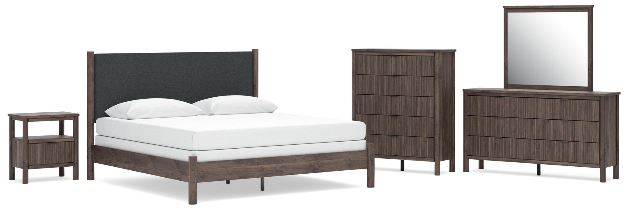 Pamytta King Upholstered Panel Bed, Dresser, Mirror, Chest and Nightstand