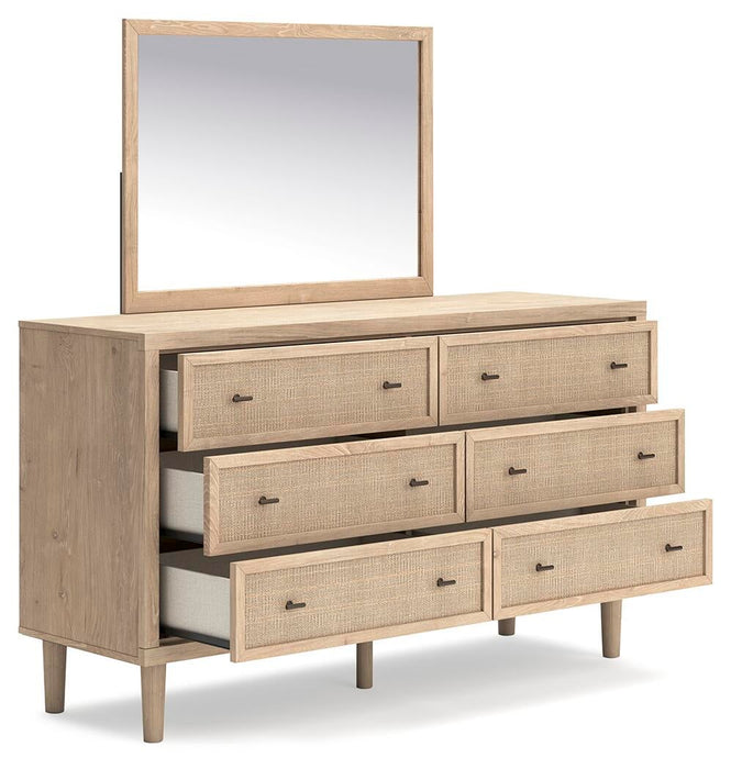 Cielden Queen Upholstered Bed with Roll Slats, Dresser, Mirror and Nightstand
