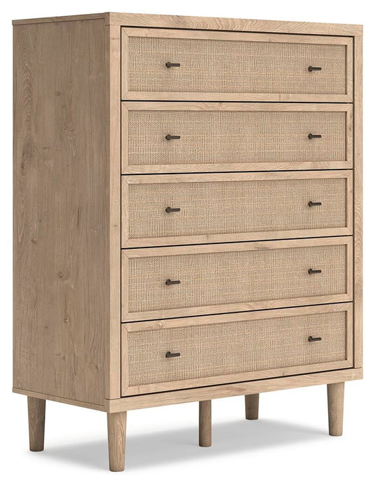 Cielden Queen Upholstered Bed with Roll Slats, Dresser, Mirror, Chest and Nightstand