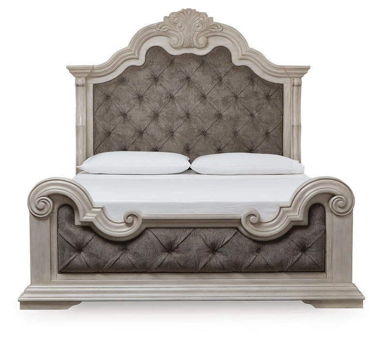 Bruchandi King Upholstered Panel Bed with Mirrored Dresser
