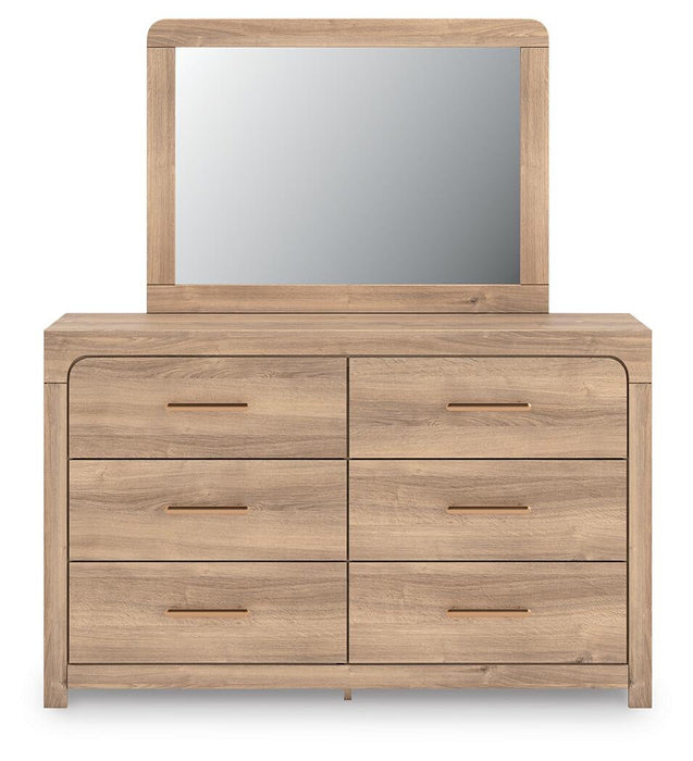 Kinlanni King Upholstered Panel Bed, Dresser and Mirror